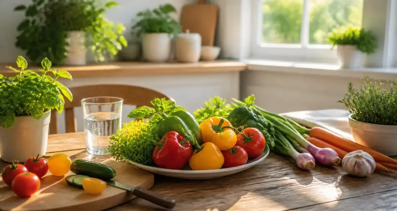 Légumes frais posés sur un plan de travail de cuisine