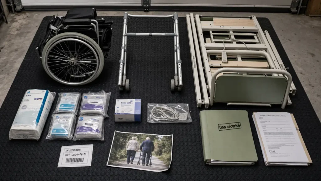 Association récupération matériel médical : don fauteuil roulant et lit médicalisé, inventaire sécurisé