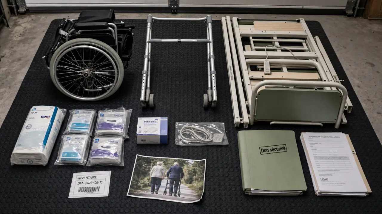 Association récupération matériel médical : don fauteuil roulant et lit médicalisé, inventaire sécurisé