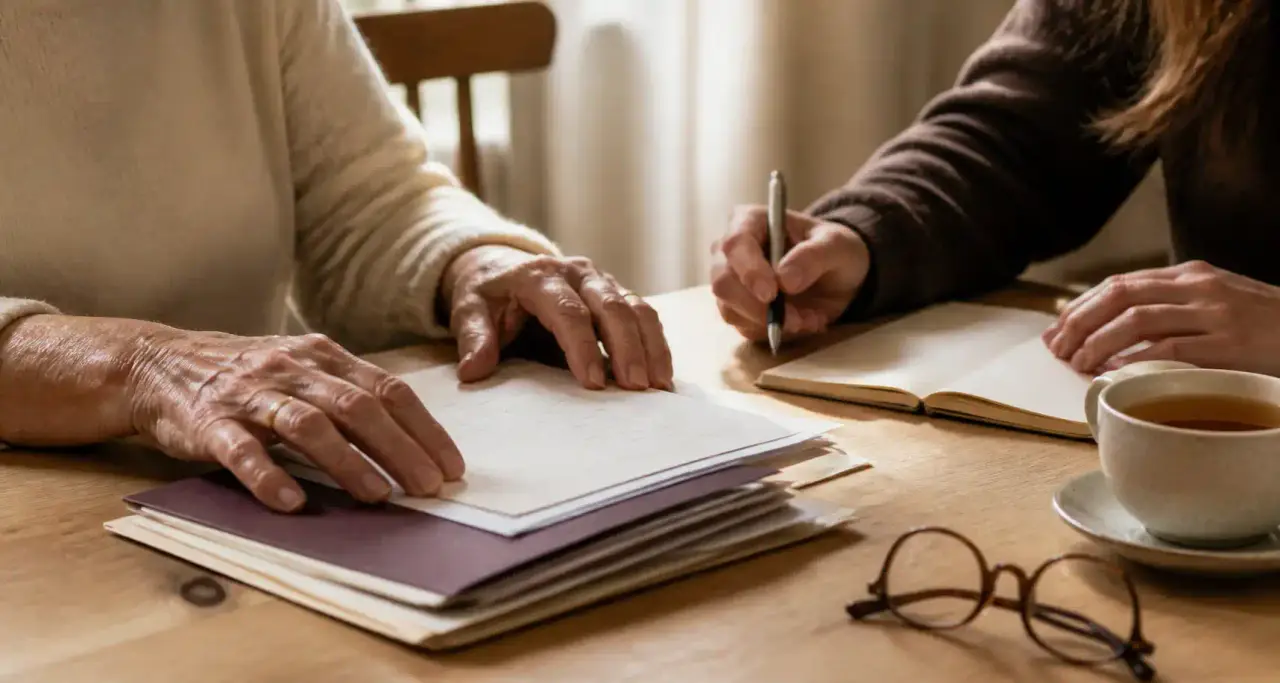 Mains d'une femme âgée et de sa fille examinant des dossiers d'assurance sur une table en bois