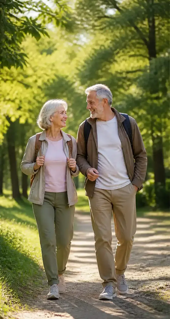 Couple de seniors marchant côte à côte en extérieur