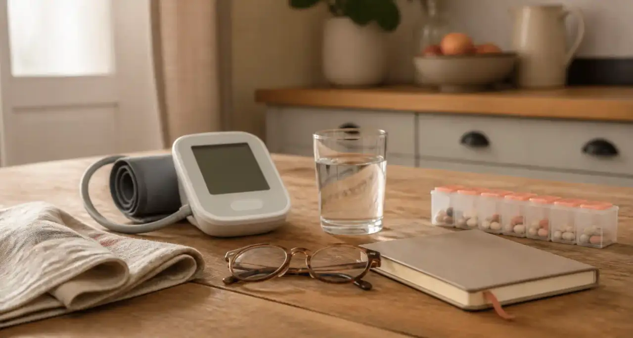 Tensiomètre de bras, pilulier et lunettes de lecture posés sur une table en bois
