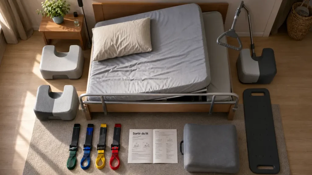 Matériel médical pour se lever du lit : barre d’appui, potence, lit médicalisé