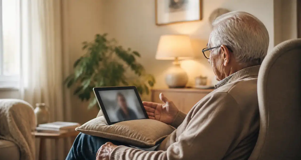 Homme âgé en téléconsultation depuis son salon avec une tablette numérique