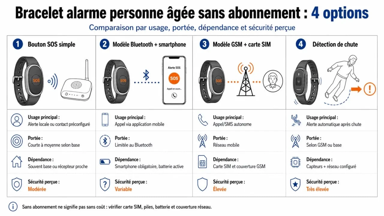 Infographie comparative du bracelet alarme personne âgée sans abonnement : SOS simple, Bluetooth, GSM et détection de chute