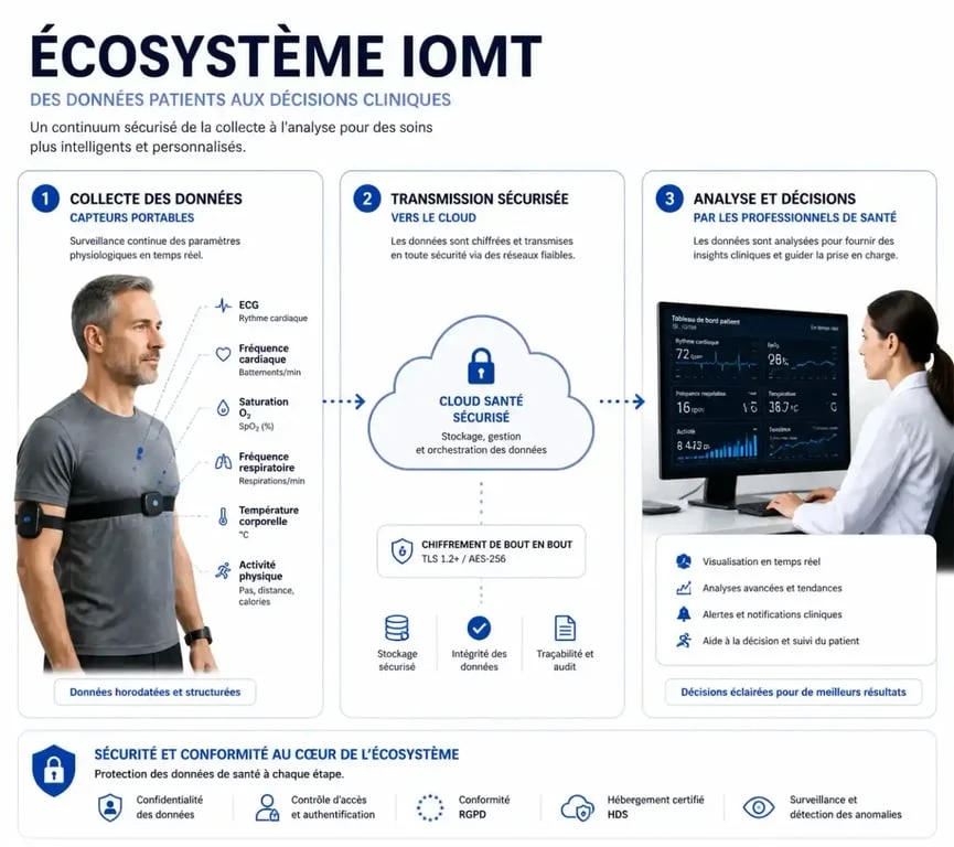 Schéma de l'écosystème de l'IoT médical montrant la transmission de données des capteurs vers le cloud