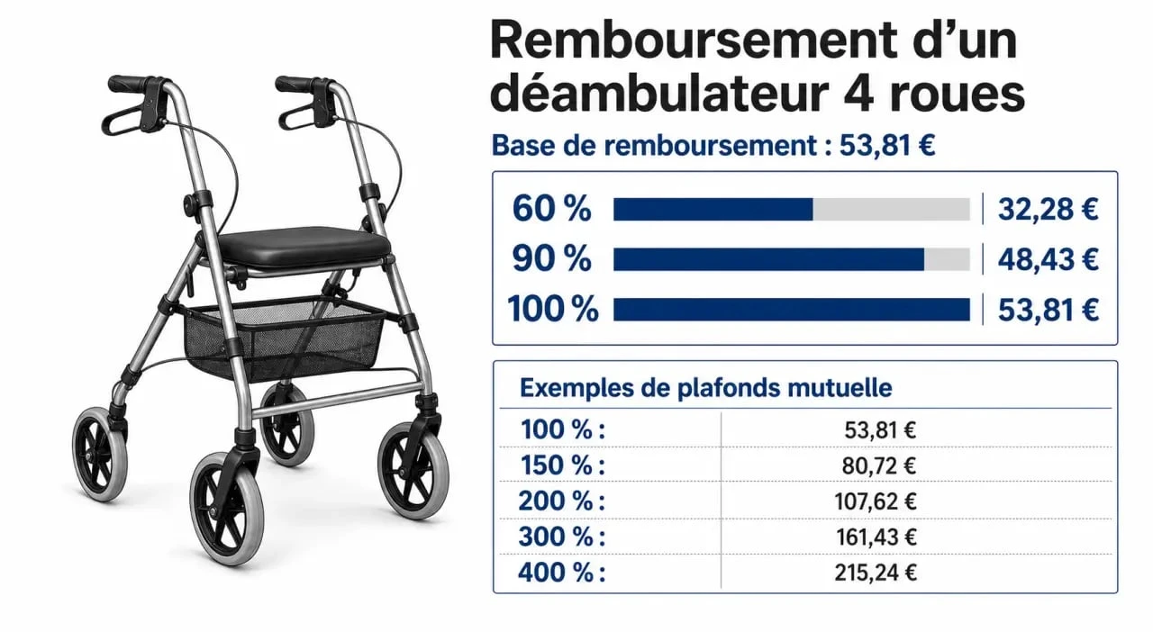 Remboursement déambulateur 4 roues avec base de 53,81 € et reste à charge selon la mutuelle