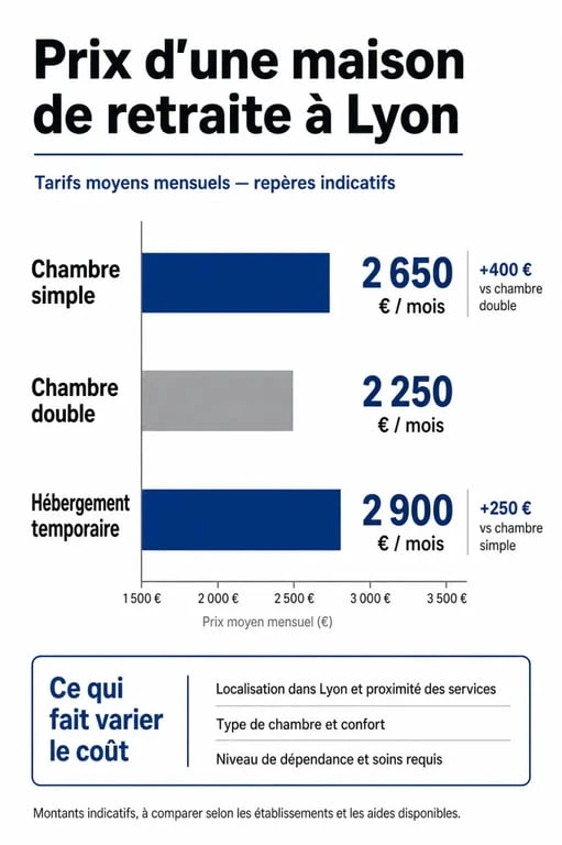 Infographie sur le prix maison de retraite Lyon avec tarifs moyens, minimum et maximum