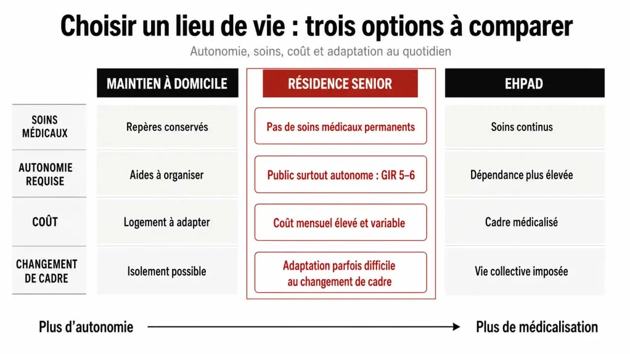 Inconvénient résidence senior : comparaison visuelle entre résidence senior, maintien à domicile et EHPAD