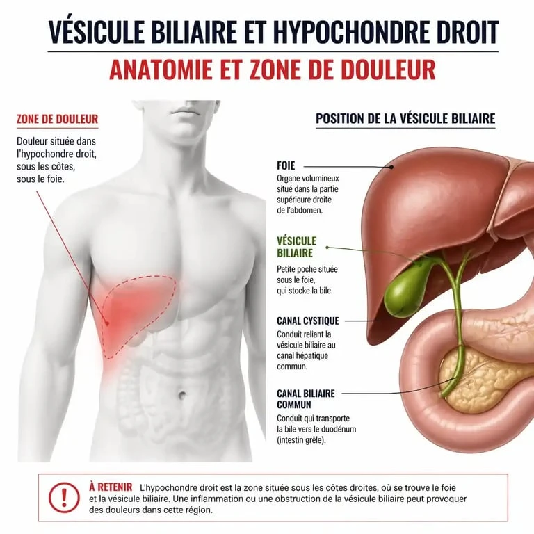 Schéma anatomique de la vésicule biliaire et zone de douleur typique en cas de vésicule malade