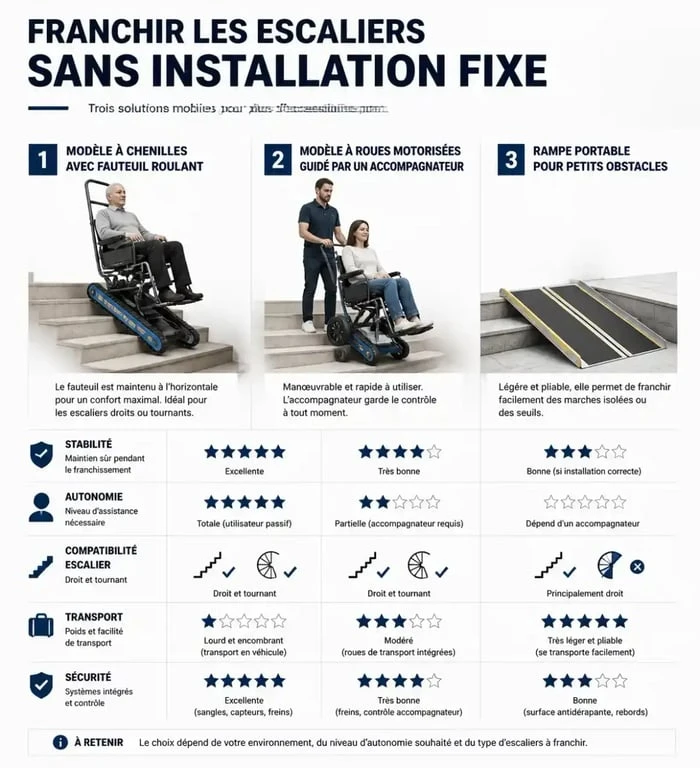 Monte escaliers mobile sans installation : comparaison visuelle entre chenilles, roues motorisées et rampe portable