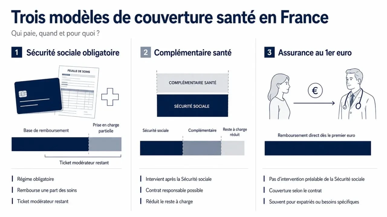 Schéma comparatif de l'assurance santé privée france entre Sécurité sociale, complémentaire santé et assurance au 1er euro
