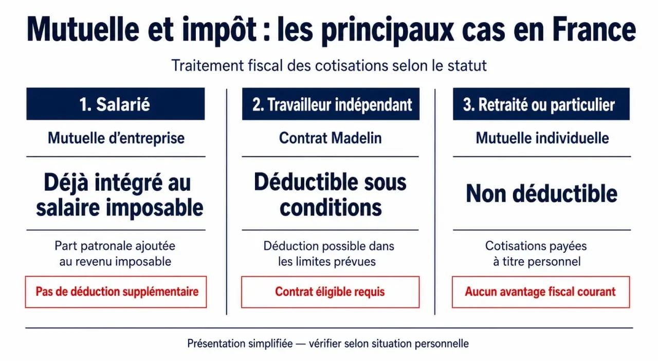 Déduire mutuelle impot : comparaison visuelle des cas salarié, Madelin et mutuelle individuelle