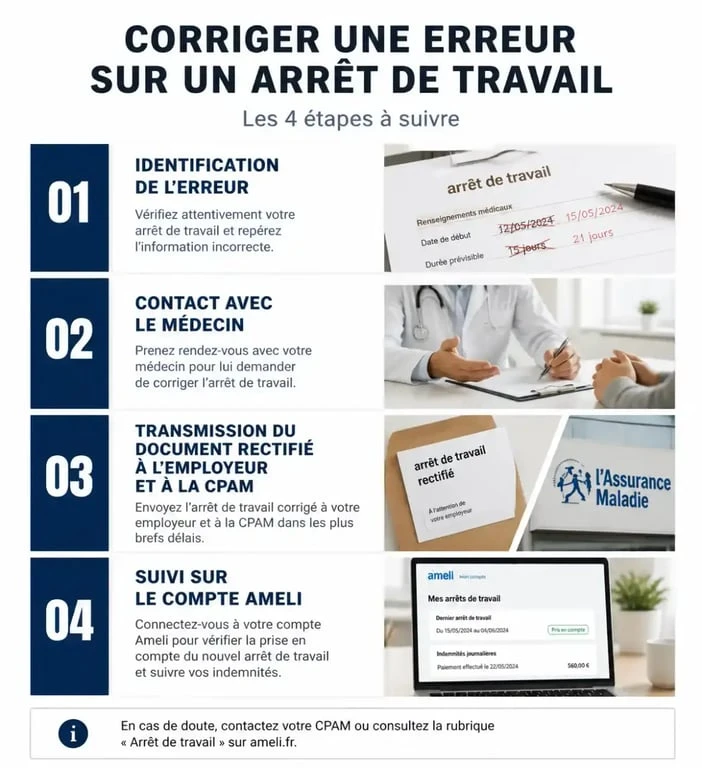Schéma des étapes pour corriger une erreur du médecin sur un arrêt de travail