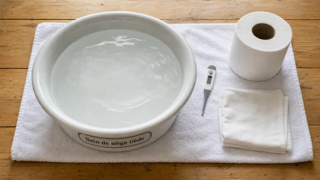Hémorroïdes bain chaud ou froid : bain de siège tiède, eau tiède et thermomètre