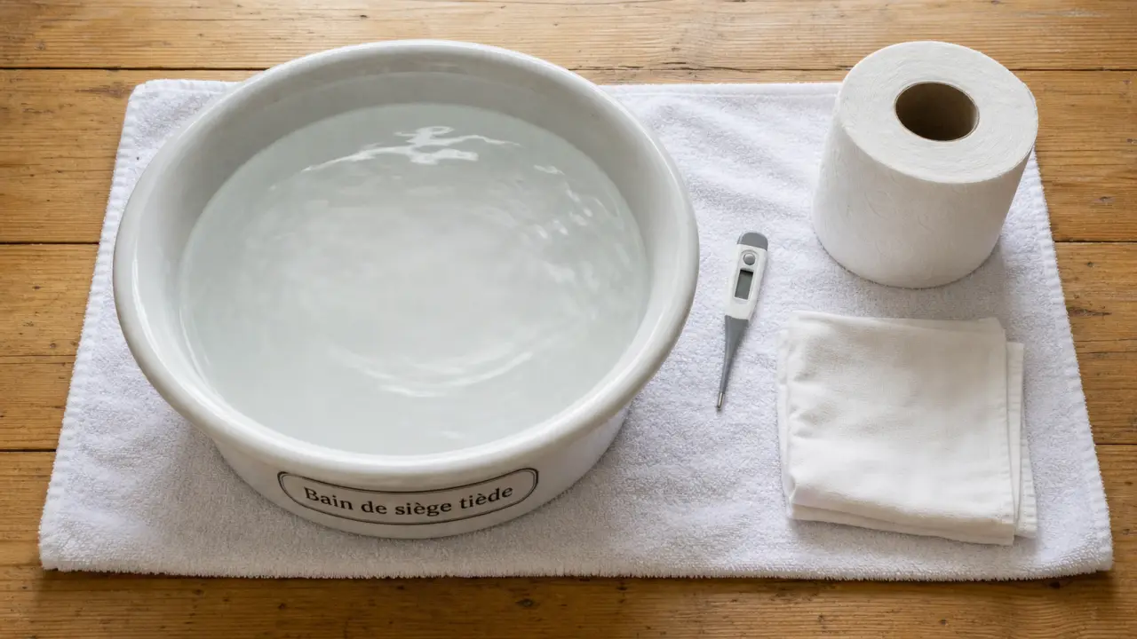 Hémorroïdes bain chaud ou froid : bain de siège tiède, eau tiède et thermomètre