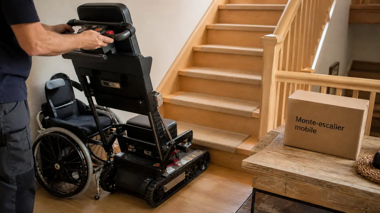 Monte escaliers mobile sans installation sur chenilles au pied de l’escalier