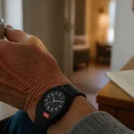 Montre alarme senior sans abonnement avec bouton SOS visible