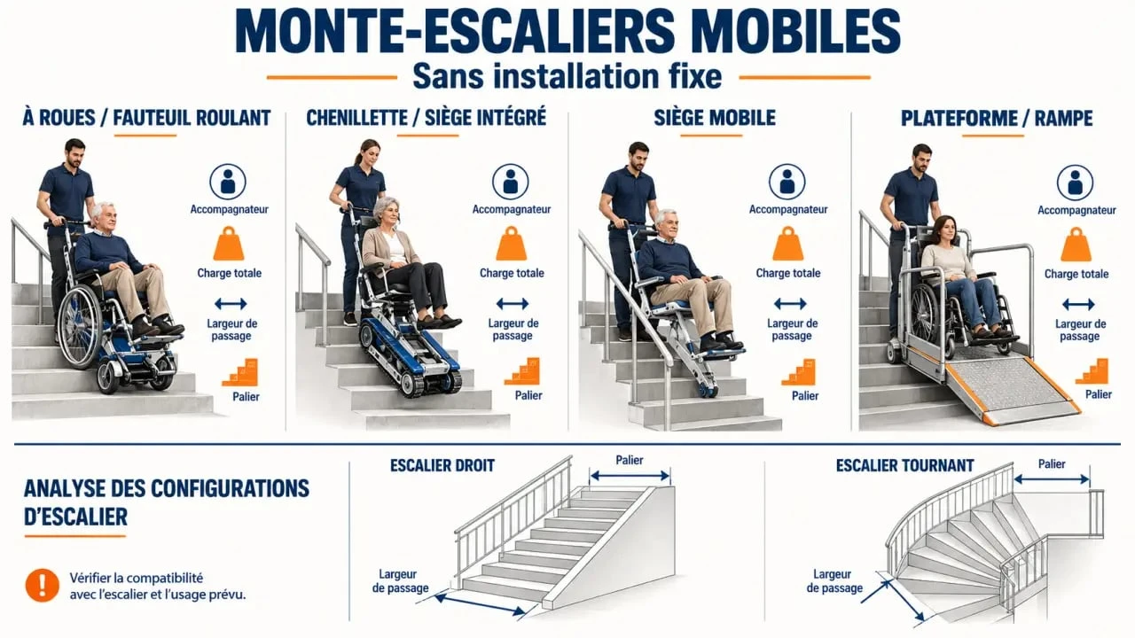 Infographie sur les monte escaliers mobiles sans installation : roues, chenilles, siège et rampe