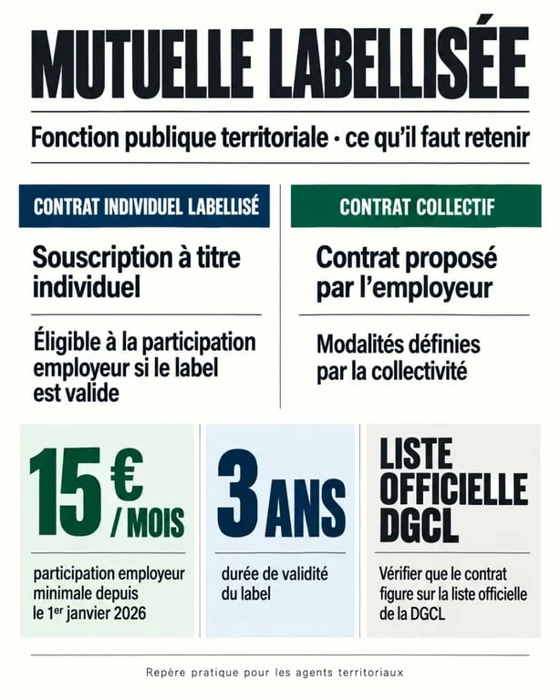 Infographie sur le contrat mutuelle labellisé : participation employeur, validité du label et vérification DGCL