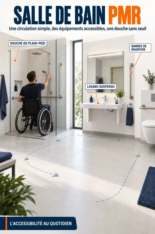 Infographie d’une salle de bain PMR avec douche de plain-pied, lavabo accessible et circulation dégagée