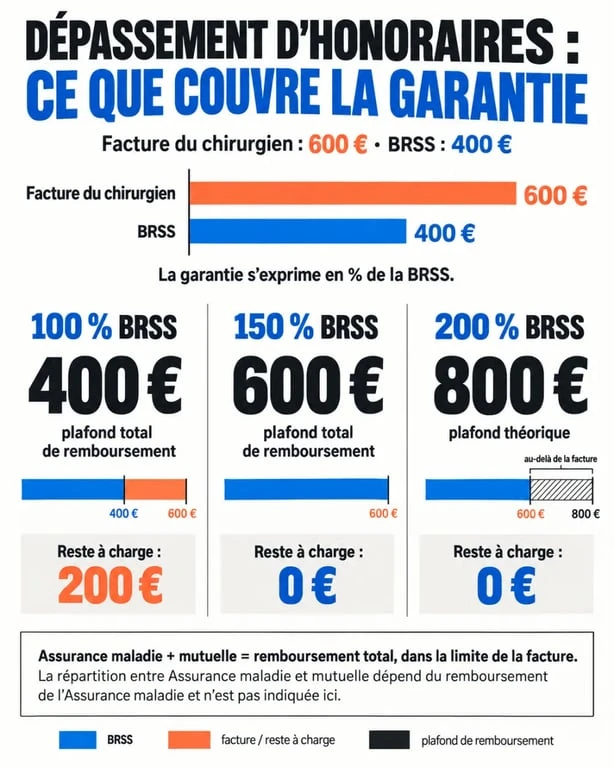 Remboursement dépassement honoraire chirurgien mutuelle selon la BRSS et le niveau de garantie