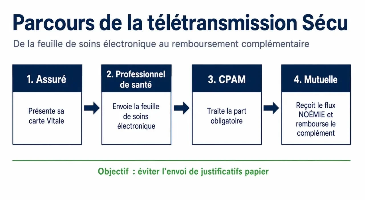 Télétransmission secu : schéma du parcours entre assuré, CPAM et mutuelle
