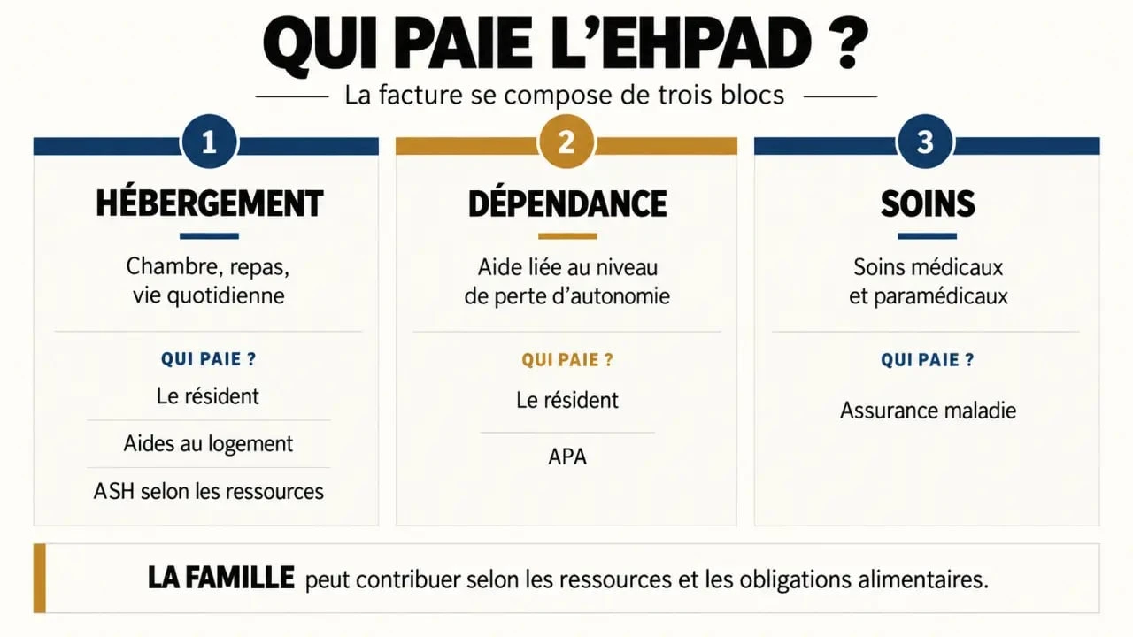 Infographie expliquant qui paie la maison de retraite et comment se répartissent les frais d’hébergement, de dépendance et de soins en EHPAD
