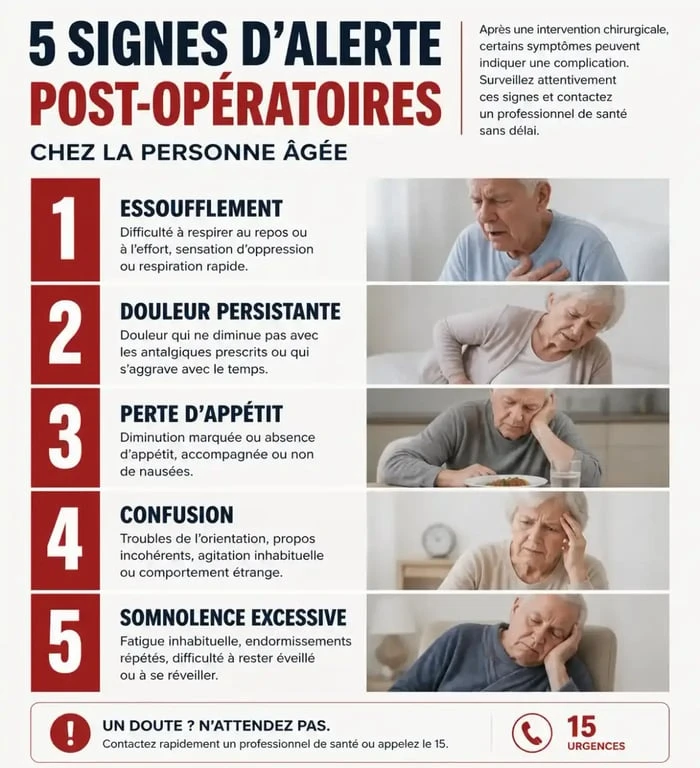 Infographie des signes d'alerte pour la récupération opération personne âgée après une hospitalisation