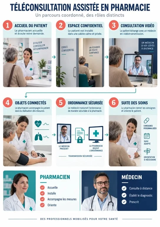 Infographie sur le déroulement d’une téléconsultation pharmacien en officine