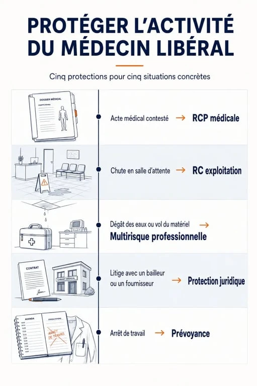 Infographie sur l’assurance médecin libéral et les garanties selon les sinistres