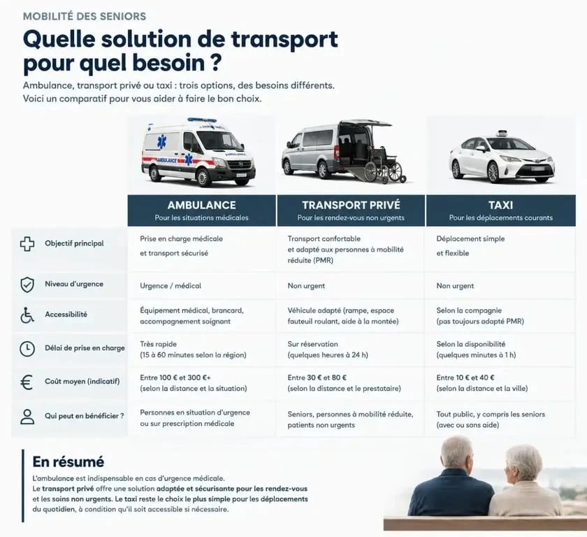 Tableau comparatif des solutions de transport personnes âgées longue distance