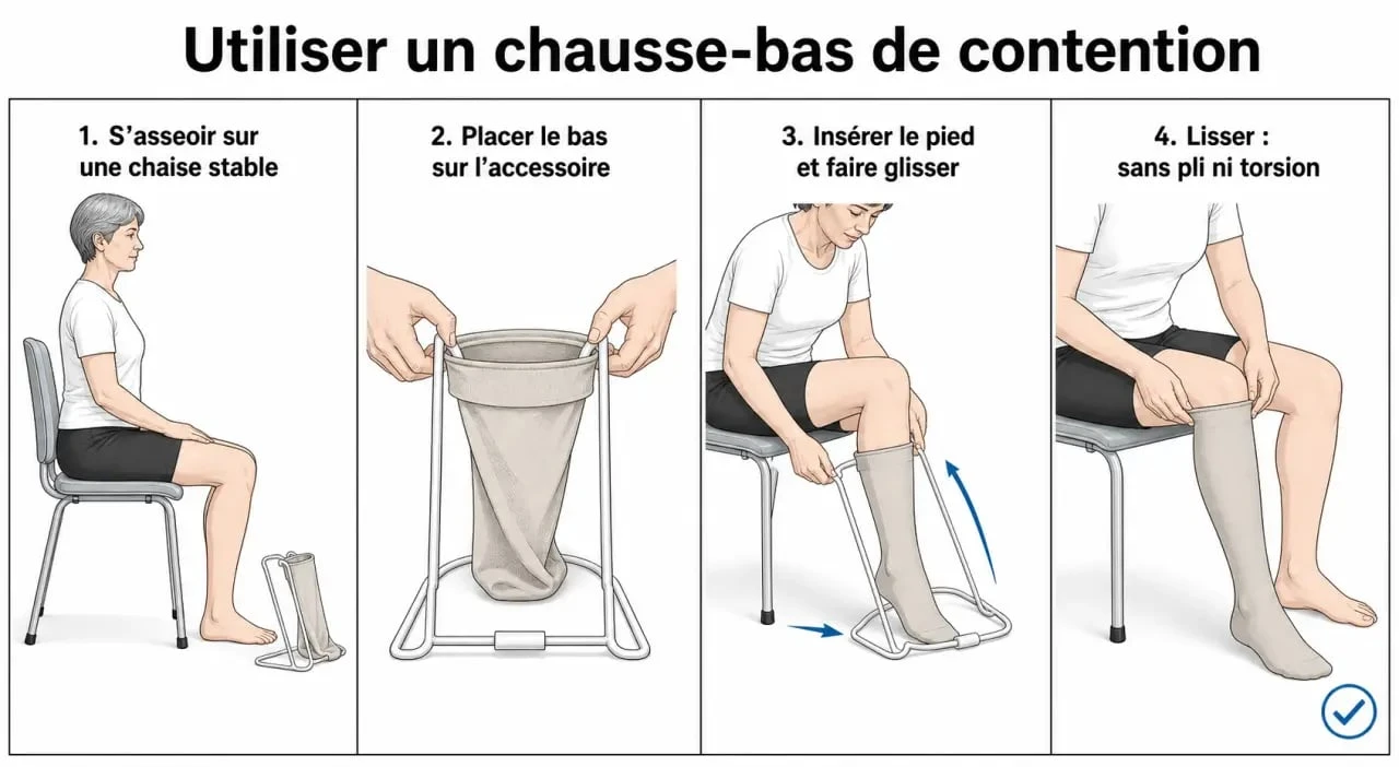 Étapes d’utilisation d’un chausse bas de contention pour enfiler un bas de compression