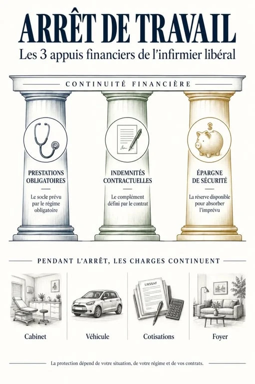 Infographie sur la prévoyance infirmier libéral et les trois appuis financiers en cas d'arrêt de travail