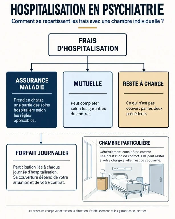 Infographie sur la mutuelle chambre particulière psychiatrie et la répartition entre Assurance Maladie, mutuelle et reste à charge