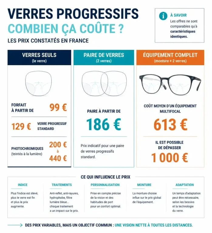 Infographie pour comparer prix verres progressifs selon le forfait, les traitements et le niveau de gamme