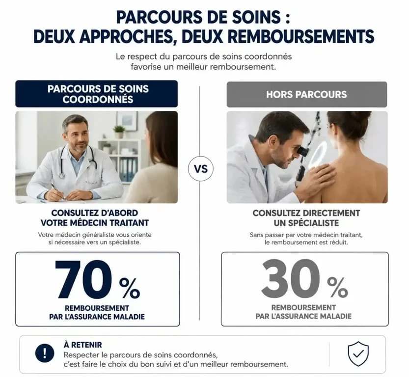 Comparaison des taux de remboursement Sécurité sociale pour une consultation dermatologue avec ou sans ordonnance