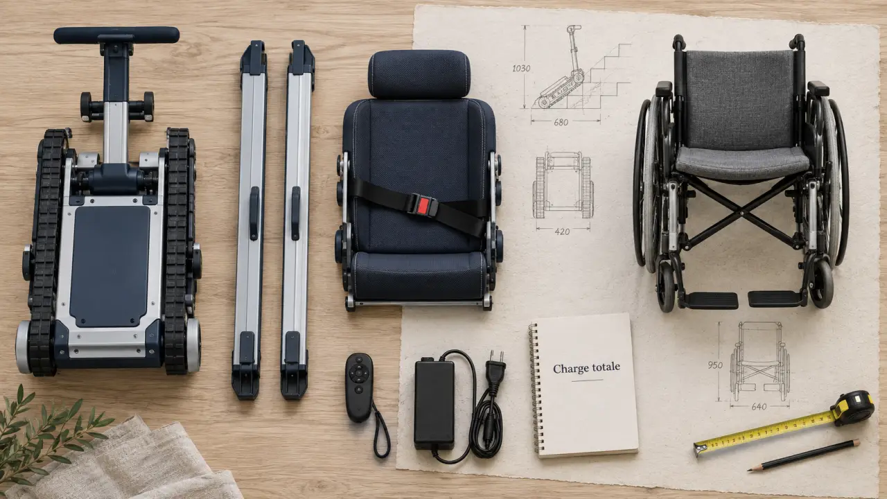 Monte escaliers mobiles sans installation : kit prêt à poser, fauteuil et télécommande visibles