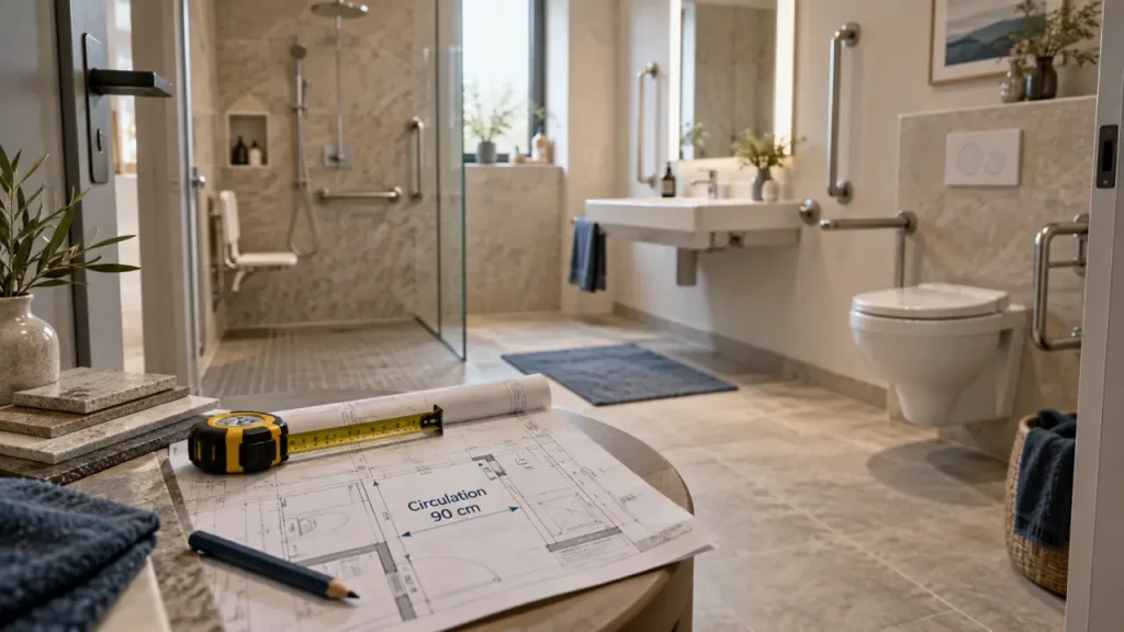 PMR salle de bain : passage 90 cm et giration 1,50 m