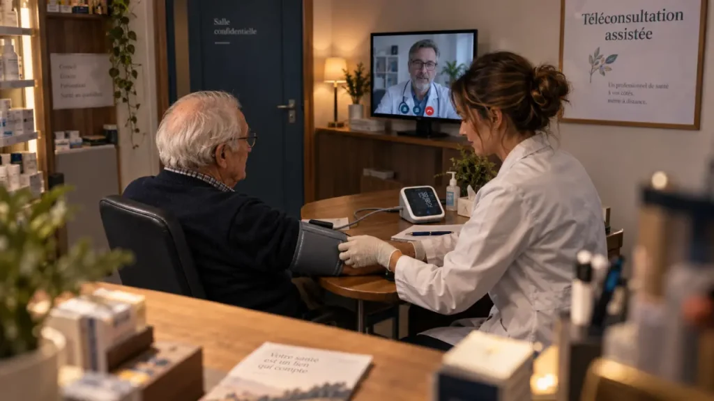 Téléconsultation pharmacien en pharmacie avec équipement connecté