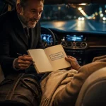 Transport personnes âgées longue distance : chauffeur aide un senior en voiture de nuit