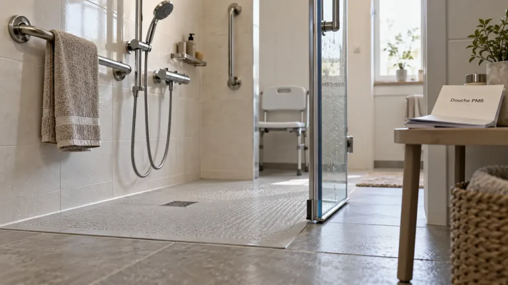Aide pour douche italienne pour handicapé en salle de bain PMR