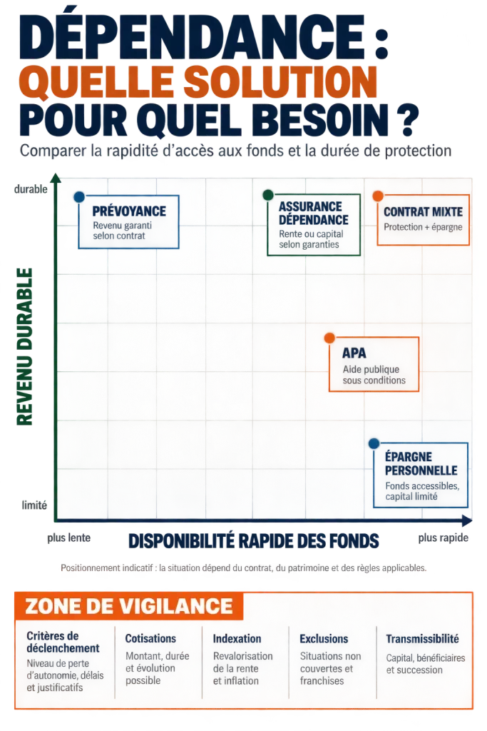 Infographie comparative sur l’ufc-que choisir assurance dépendance, l’APA, l’épargne et la prévoyance