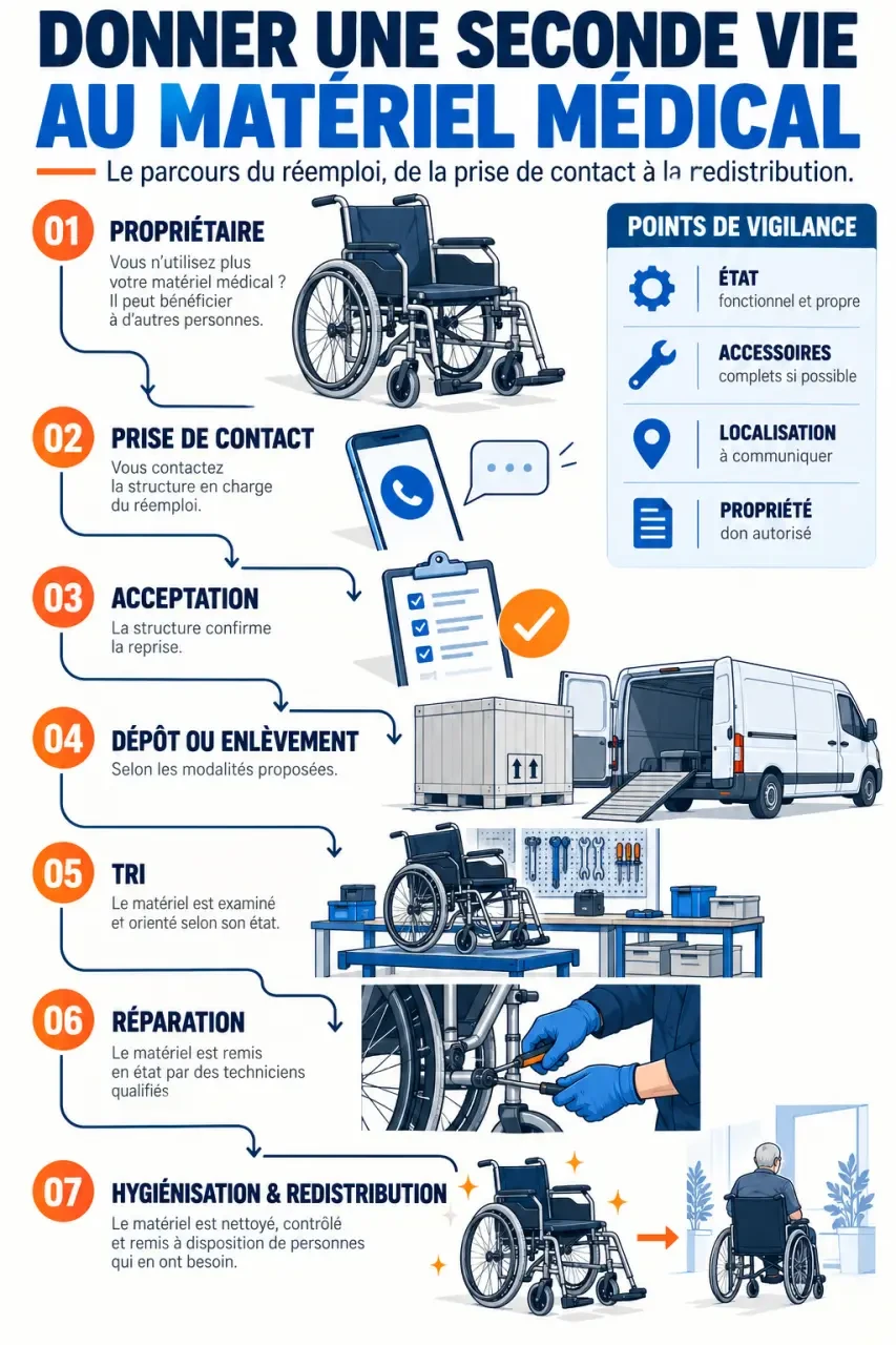 Infographie sur le matériel médical d’occasion à donner, de la collecte à la redistribution