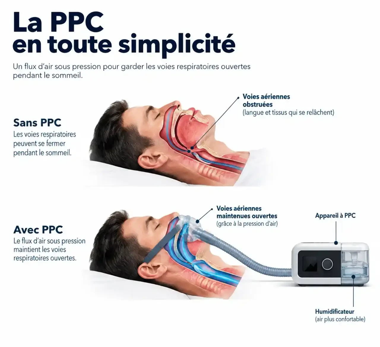 Schéma du fonctionnement d'un appareil apnée du sommeil à domicile : la PPC maintient les voies aériennes ouvertes grâce à l'air sous pression