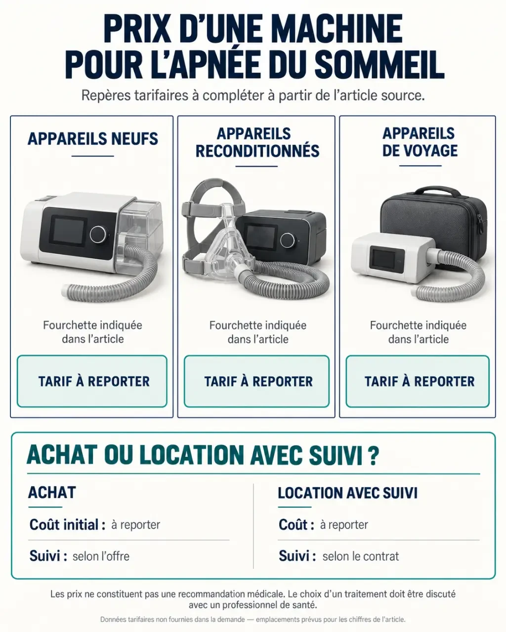 Infographie sur le prix d’une machine pour apnée du sommeil, entre achat, location, neuf, reconditionné et voyage