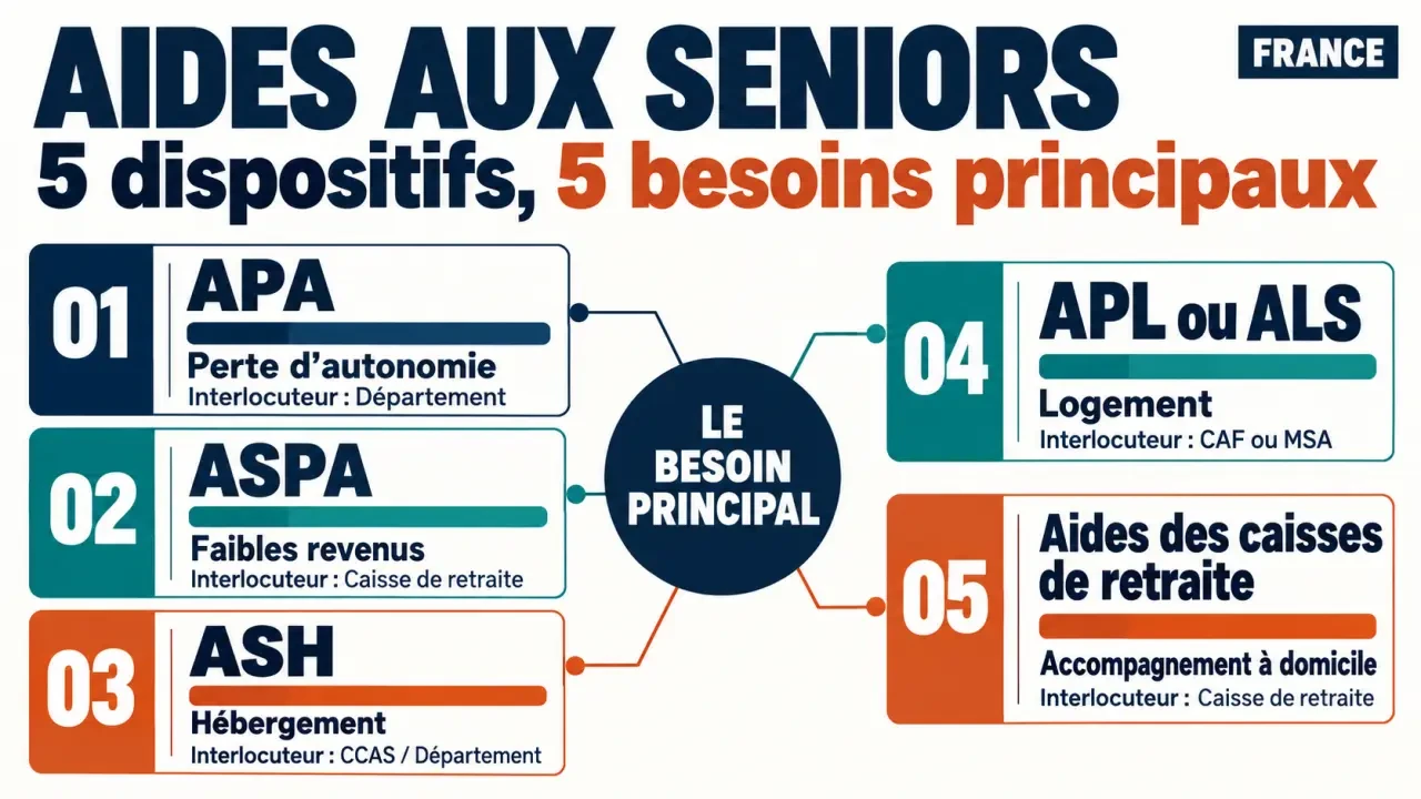 Aides aux seniors fr : schéma des principaux dispositifs, besoins couverts et organismes à contacter