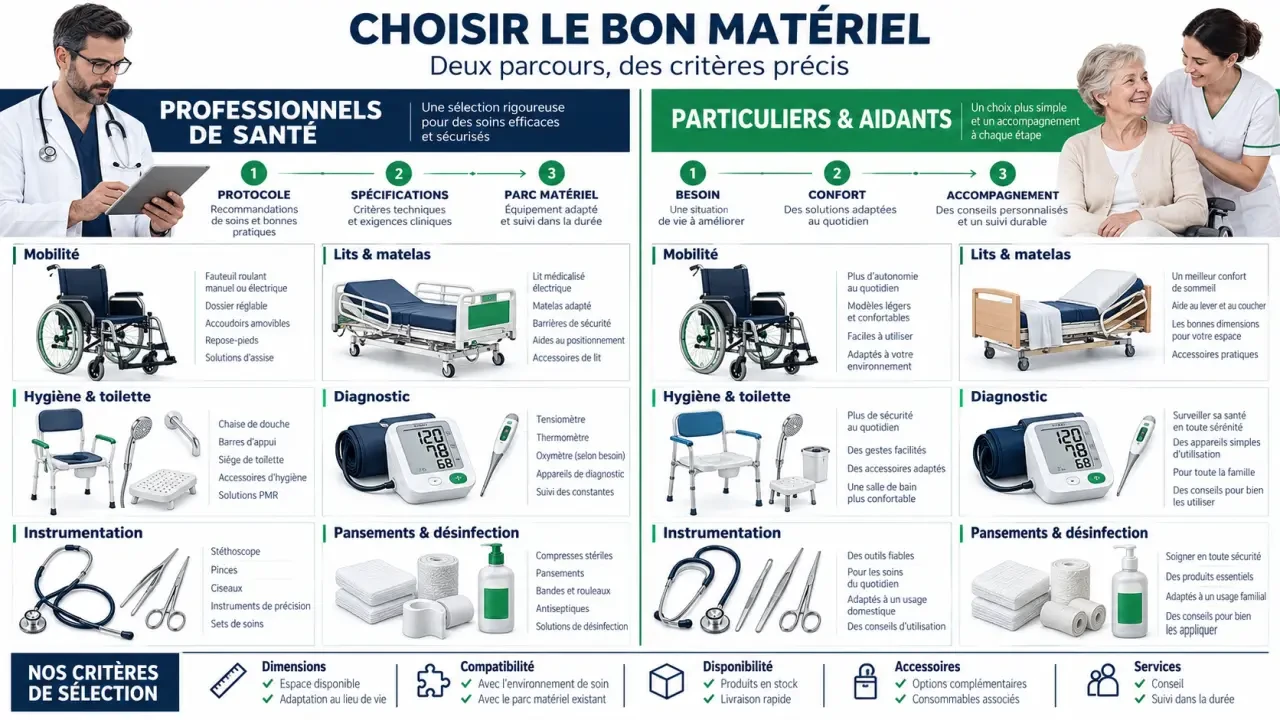 Catalogue matériel médical organisé par catégories pour professionnels et particuliers
