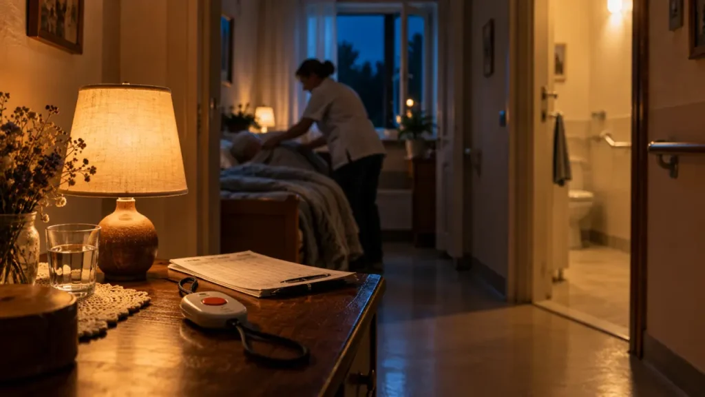 Garde de nuit senior de nuit : présence et veille éveillée en intérieur