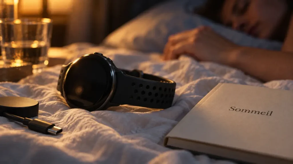 Montre connectée sommeil sur table, confort nocturne